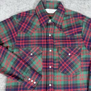 Vintage 70s Pal Flannel Shirt Men's 15.5 Red Green Plaid Long Sleeve Pearl Snap